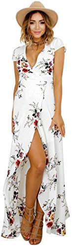 Femmes Bohème Longue Maxi Robe de Plage Robes Bustier Été Floral Imprimé 3/4 Manche Robe Col Badeau Taille Grande (Blanc-1, M)
