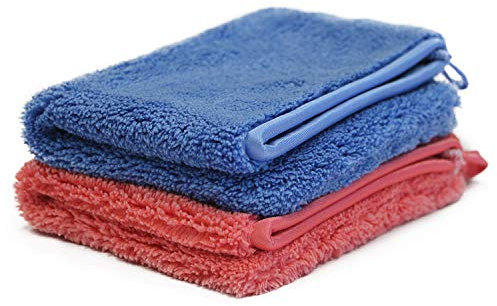 Putzen wie die Profis – 2X Ultra-Microfaser Reinigungshandschuh Set Blau + Rot - Mikrofaser Putzhandschuh für empfindliche Oberflächen - fusselfrei, waschbar bis 95 °C - inkl. Gratisprobe GlasRein