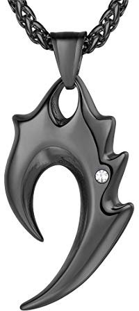 U7 Herren Collier schwarz Edelstahl Anhänger Flamme Wolfszahn Fangzahn Amulett Männer Jungen Collier 50+5cm Weizenkette Geschenk für Weihnachten Geburtstag