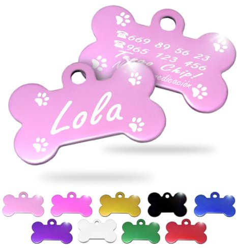 Ibera Gifts - Chapa Perro Grabada en Forma de Hueso, Placa Perro Personalizada para Perros y Gatos Medianos y Grandes, Tamaño 40 x 26 mm, Chapa Identificativa Perro y Gato (Rosa con Patas)