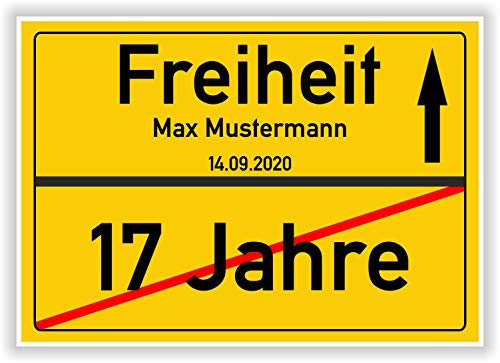 persönliche Geschenkidee 18. Geburtstag - 17 Jahre - Freiheit Ortsschild Bild Geschenk Party Deko Schild Volljährig Hinweisschild Glückwunsch Karte mit Name und Datum personalisiert