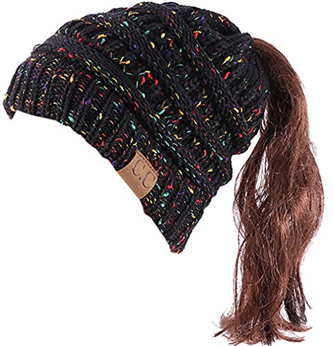 DURINM Damen Strickmütze Gestrickt Wintermütze Beanie Mädchen Zopfloch Wintermütze | Strickmütze für Pferdeschwanz Ponytail Beanie Damen Mütze Wintermütze Messy (Schwarz)
