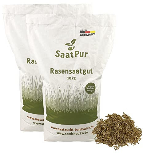 SaatPur® Rasensamen Schattenrasen Dürreresistent 20kg für ca. 600 m², Mehrjährige Rasemischung aus mehreren Rasenarten, meistens 4 bis 5, satt grün, schnellkeimend, hitzetolerant, Neusaat und Nachsaat