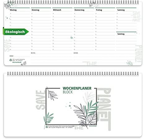 Wochenplaner Block GREEN mit SPIRALBINDUNG (52 Blatt) 100% ÖKOLOGISCHEM PAPIER - Ohne festes Datum - Schreibunterlagen - Wochen Planer - Wochenkalender - Tischkalender - Terminplaner (32x14,5)