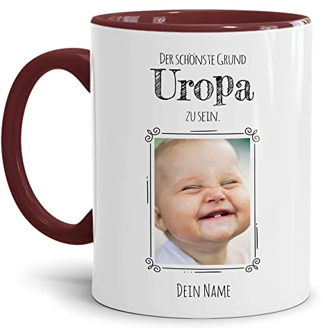 Tasse mit Spruch - Der schönste Grund Uropa zu sein - Personalisierbare Keramiktasse mit Namen und Foto - Geschenk Uropa - Innen & Henkel Weinrot, 300 ml