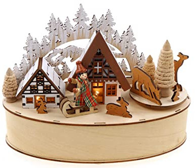 ELLUG Spieluhr aus Holz zum Aufziehen mit Drehelement & Licht, batteriebetrieben und Timer-Funktion (6h On / 18h Off) winterliches Motiv, 16x21cm, Lied: Stille Nacht