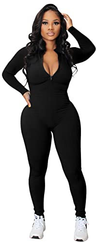 Xuslvisa Women's Jumpsuits Playsuits Ribbed Yoga Jumpsuits Long Sleeve Zipper V Neck Bodycon Jumpsuit Yoga Workout Sports Seamless Rompers for Women Outfits (C_Black, XXL)