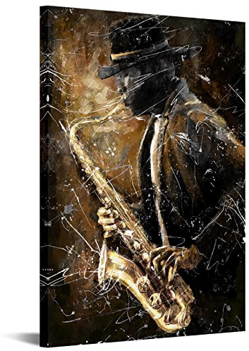 sechars Schwarzer Jazz-Leinwand-Kunst, Saxophon, Gemälde, Drucke, schwarze Musik, Bilddrucke für Männer, Schlafzimmer, Dekoration, gerahmt, fertig zum Aufhängen, groß