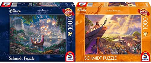 Schmidt Spiele Puzzle 59480 - Thomas Kinkade, Disney Rapunzel, 1.000 Teile Puzzle & 59673 Thomas Kinkade, Disney, König der Löwen, 1.000 Teile Puzzle, Bunt