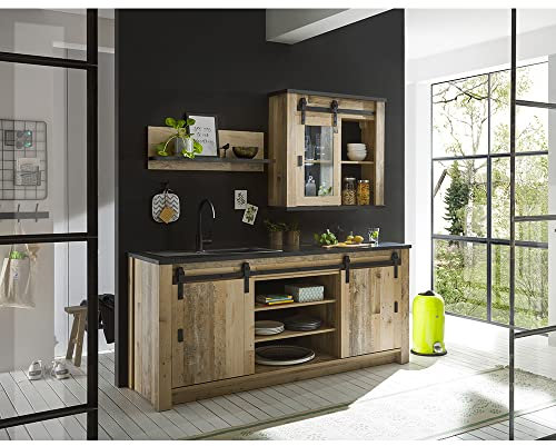 Lomadox Küchenmöbel Küchen Set, Old Style hell Nb. mit anthrazit, Spülschrank 201 cm, Hängeschrank mit Glaseinsatz, 90cm Regal, Griffe aus Metall