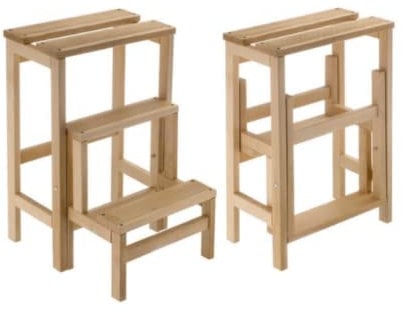 Mottiwood Taburete escalera con solapa, 3 peldaños, plegable, antideslizante, ahorra espacio, madera de haya, dimensiones: 37 x 42,5 x 58 cm (A2782)