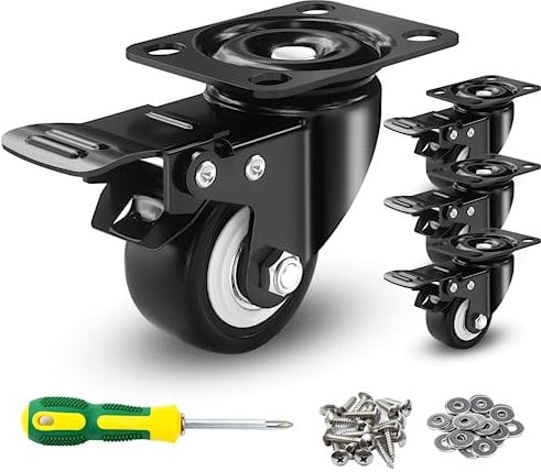 Möbelrollen Schwerlast, 4er Set 50mm Schwerlastrollen Lenkrollen, Tragkraft 300KG, Sicherheit Dual Locking und No Noise Polyurethan (PU) Räder, 360° Drehplatte Rollen mit Schrauben und Schraubendreher