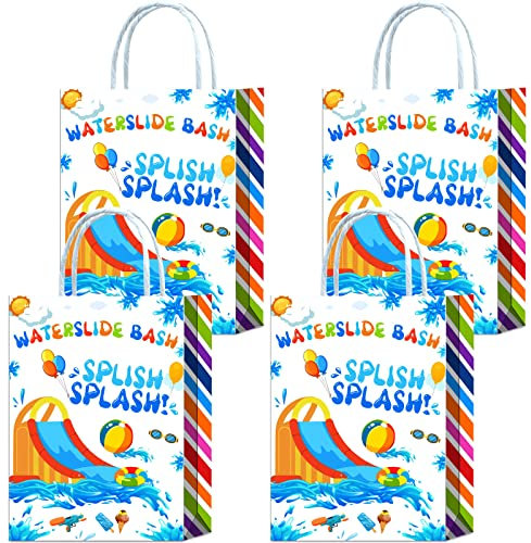 16 Pieces Waterslide Goodie Bags for Splish Splash Water Slide Birthday Party Supplies,Waterslide Gift Snacks Treat Candy Party Favors Bags with Handles for Kids Summer Water Theme Party Decorations