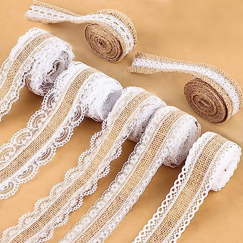 Juteband mit Spitze Weiß 7 Rollen x 2m, RUNEAY Juteband Vintage Spitzenband Hochzeit Deko, Vintage Deko, Juteband Weiß Spitzenband, Dekoband mit Spitze Weiß für Hochzeit, DIY, Geburtstag