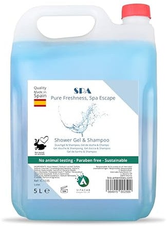 Vitacab Duschgel & Shampoo Spa 2in1 – Nachfüllkanister 5 Liter mit frischem Duft – Flüssigseife für Spender, pH-hautneutral, vegan – Duschgel für Hotels, Shampoo für Gastronomie, Körperpflege