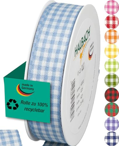 Halbach Seidenbänder Premium Vichy Karo Geschenkband (hellblau) | Breite 25mm Länge 25m | Karoband made in Germany | kariertes Schleifenband in vielen Farben