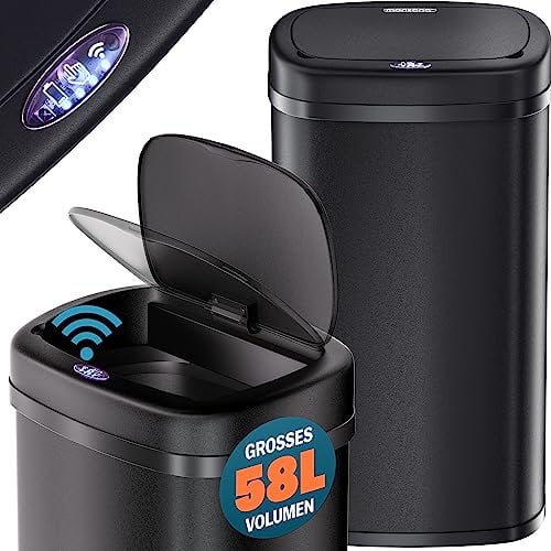 Monzana® Cubo de Basura 58L Apertura y Cierre Automático Sensor Movimiento Acero Inox. Pantalla LED Cable USB Negro