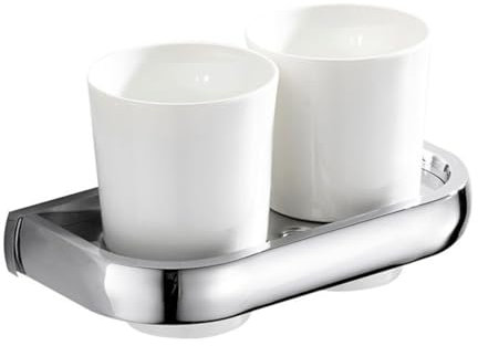 Wanym Bathroom Toothbrush Tumbler Holder with Glass Cup Wall Mounted, Bathroom Accessories Double Toothbrush Holder Cup Holder with Two White Ceramic Tumbler for Bathroom,Chrome