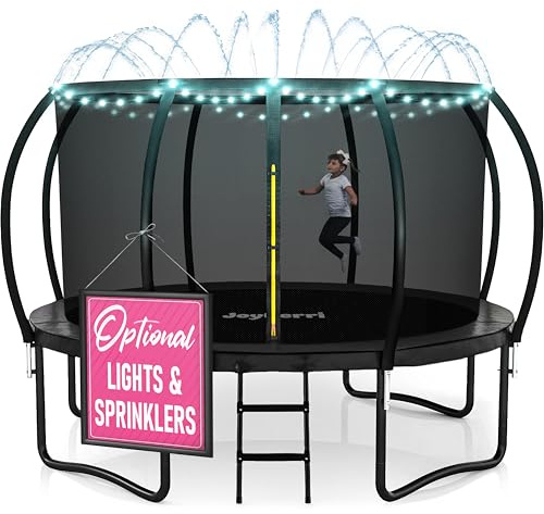 JoyBerri Trampoline Outdoor - Upsurge ASTM Certified Safe 8Ft 10Ft 12Ft 14Ft 15Ft 16Ft Recreational Trampoline for Kids and Adults. Anti-Rust Coating with Enclosure Net, Ladder, Sprinkler & LED Lights