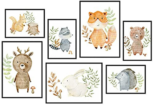 Hyggelig Home Premium Poster Set - 7 passende Bilder im stilvollen Set - Collage Deko -Set Aquarell Animals - mit Rahmen schwarz
