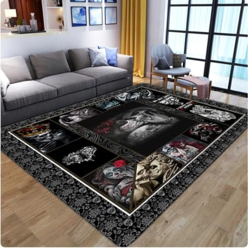 MYobu Totenkopf Bedruckter Teppich,Wohnzimmer Sofa Teetisch Dekor Teppich, Schlafzimmer Kinderzimmer Rutschfester Teppich,Flur Küche Fußmatte