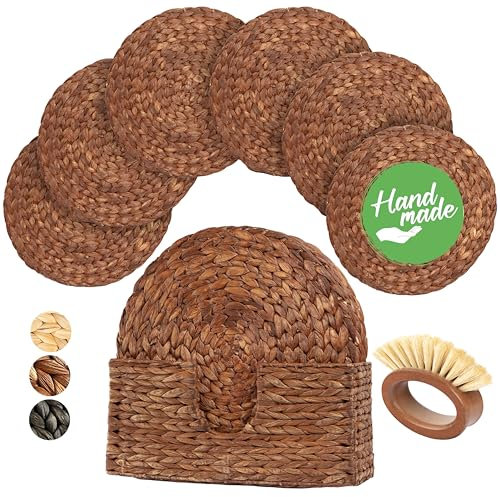 DecoraWell Brown Round Woven Placemats Set of 6 with Bamboo Brush, Wicker Placemats, Woven Rattan Chargers for Dinner Plates, Straw Placemats as Dining Table Decor, Rustic Boho (Brown, 11.8 in)