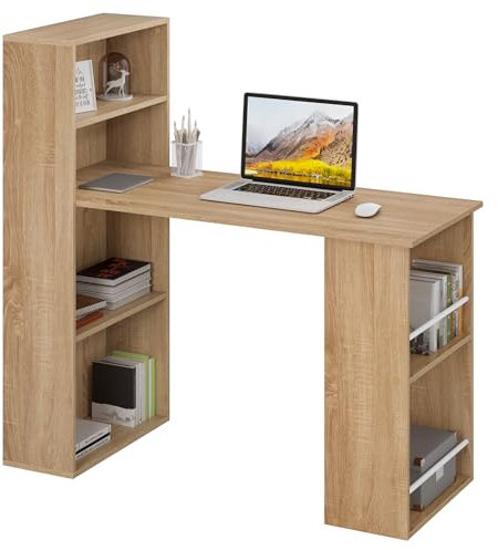 eSituro Desk with Storage Shelves, Computer Desk for Home Office Workstation Bedroom, Study Table with 6-Tier Bookshelf, Modern Writing Table for Kids Teenagers, Light Oak, 120x55x122cm