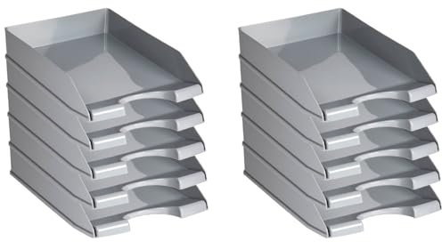 ACAN Tradineur - Pack de 10 bandejas de Oficina apilables, plástico, Organizador Documentos A4, revistas, folletos, sobremesa, Escritorio, Fabricado en España (Gris - 35 x 25,5 x 6,5 cm)