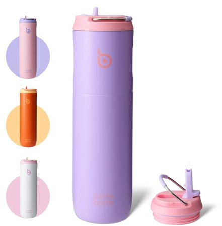 Insulated Water Bottle 700ml (24oz) with Straw, Lid and Handle - Stainless Steel Sports Travel Gym Bottle - Metal Drink Flask for Men and Women (Lilac)