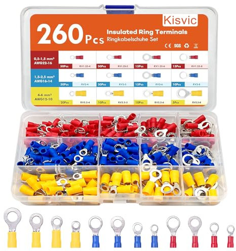 Kisvic Ringkabelschuhe, 260 Stücke Ringösen Kabelschuhe Set, 0,5-6mm² Ø M4/M5/M6/M8 Kabel-Verbinder aus Kupfer Verzinnt Quetschverbinder Sortiment