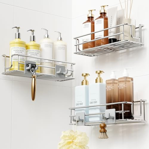 OriwarE Duschablage ohne Bohren, 3 Stück Duschregal Ohne Bohren Edelstahl, Bathroom Organizer, Badezimmer Organizer mit 4 Haken und 4 Klebstoffe (Silber)