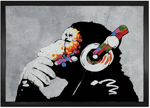 1art1 Streetart Banksy AFFE mit Kopfhörern, Musik Fußmatte Dekomatte Innenbereich | Design Türmatte 70x50 cm