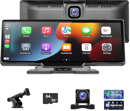 Wireless Android Carplay Screen, 10.26-Inch Car Stereo Audio Receiver Bluetooth with 4K Front Dash Cam,1080p Backup Camera, for Apple Carplay with 64G TF/FM/Siri/G-oogle/Mirror Link/Bluetooth 5.0/AUX