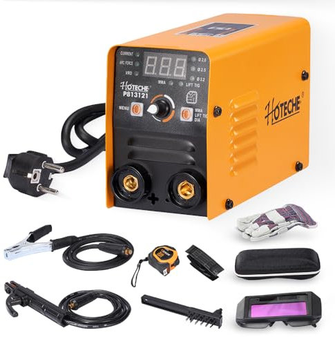 Hoteche Mini saldatrice da 120 A, con confezione BMC, accessori per occhiali protettivi, guanti, 1,5 m, pinza per saldatura da 1,2 m, pinza per messa a terra, display digitale, tracolla, saldatrice