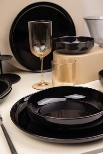 Elegante juego de cena de 12 piezas, porcelana negra, 4 platos de servicio (27 cm), 4 platos (20 cm), 4 cuencos (15 cm), seguro para microondas y lavavajillas, elegante y duradero