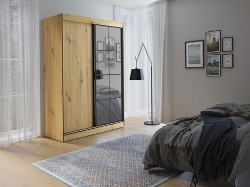 Easy4You Oslo II Artisan Schiebetürenschrank Kleiderschrank 150x216x65 cm mit Spiegel - Schlafzimmermöbel, Aufbewahrung – Mehrzweckschrank mit Kleiderstange