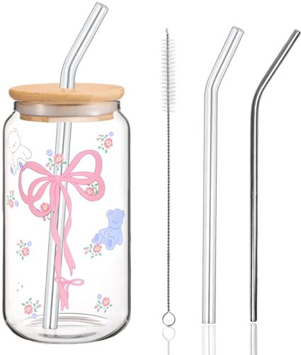 SOETDERT Bow Bicchiere in Vetro, 500ml Bicchiere Vetro con Coperchio e Cannuccia, Elegante Regalo per la Migliore Amica, Bicchier per Caffè Freddo, Soda, Frullato, Tè, Smoothie Matcha