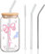 Bow Glasbecher, 500ml Trinkgläser mit Deckel und Strohhalm, Glas mit Bow Aesthetic Pink Stuff, Elegantes Geschenk für Beste Freundin, Trinkbecher für Eiskaffee Bubble Tee Smoothie Matcha Cocktail