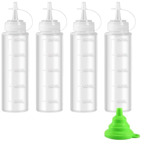 Qcdou Squeeze Bottle,4 Pack Plastic Sauce Bottle, 250ml /8 oz Squeezy Bottles with Nozzles, Reusable Oil Bottles for Kitchen with Cap, Seasoning Dispensers for Hot Sauce, Salad, Sauce, Ketchup