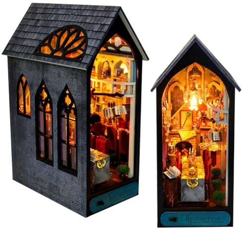 DIY Book Nook Kit, DIY Miniatur-Puppenhaus-Set für Erwachsene zum Bauen, Holz-Buchstützen-Regaleinsatz, Maßstab 1:24, Modellbausätze für Erwachsene zum Bauen mit LED-Licht