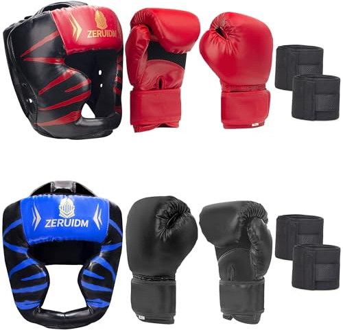 6-in-1 Boxing Headgear and Gloves Set, Training Sparring Safety Head Guard for MMA, Kickboxing, Muay Thai Trainees, Kids Teen Adults