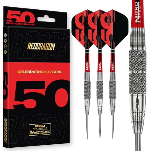 RED DRAGON Darts - 50 Jahresklassiker-Kollektion - Grizzly 2-25g - 90% Wolfram - Professionelles dartpfeile metallspitze Satz - Enthält Steeldarts Pfeile Flüge und Dart Schäfte