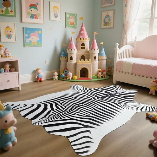 Easycozy Teppich mit Zebramuster, Western-Dekor, Rindsleder, verdickter Kuhdruck, für Schlafzimmer, Wohnzimmer, Heimbüro, 11,7 x 13,2 cm
