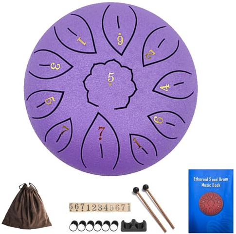 Steel Tongue Drum 6 Inch 11 Notes, G Tone Healing Hand Pan Drum, With Carry Bag, Music Book, Mallets, Finger Picks, Stickers for Beginner(Purple)