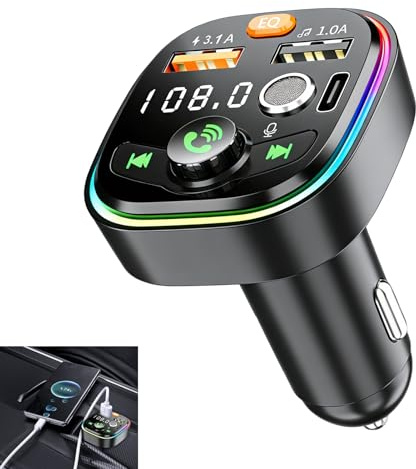 FM Transmitter Bluetooth Car Adapter, Wireless MP3 Radio Music Player with PD 20W USB C QC3.0 Fast Charging Dual USB, Hands Free Calling, HiFi Music with TF Playback, 7 Color LED Lights, Universal
