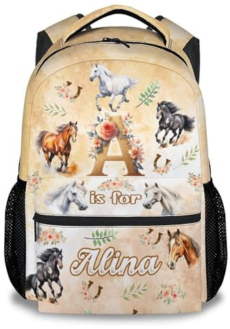 GiftoFLUX Maßgeschneiderter verzauberter Pferderucksack mit Namen und Initiale | Leichter, robuster Oxford-Stoff-Rucksack mit verstellbaren Trägern für Mädchen und Kinder im Alter von 5–12 Jahren