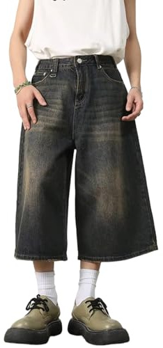 PADOLA Jeans Uomo a 3/4 Baggy Gamba Larga Pantaloni Cropped Denim Lavaggio Vintage Streetwear(3XL,Blu Vintage)