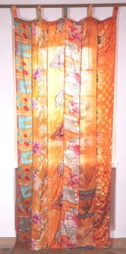 Seidiger Vorhang Gardine aus Patchwork Sareestoff, Unikat, goldorange/bunt | Blickdicht, lichtdurchlässig, kunstvoll verarbeitet, für gemütliche Atmosphären, aus upgecycelten Saris, 1 Stück