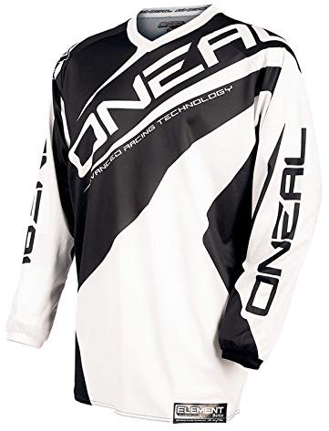 O'NEAL | Motocross-Jersey Langarm | MX Enduro | Gepolsterter Ellbogenschutz, V-Ausschnitt, atmungsaktiv | Element Jersey Racewear V.15 | Erwachsene | Schwarz Weiß | Größe M