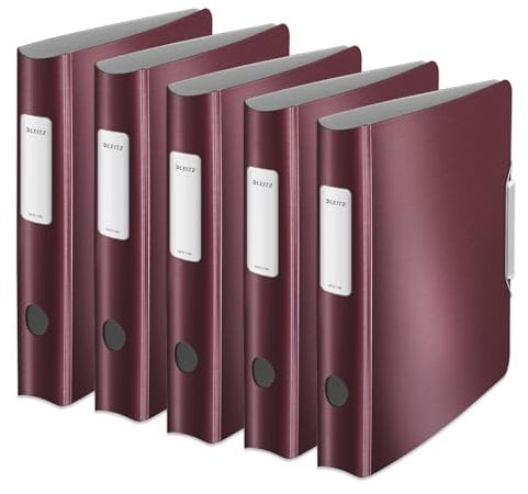 Leitz Qualitäts-Ordner 180° Active Style, 5er Pack, A4, Schmal, Granat Rot, Abgerundeter Rücken mit 6,5 cm Rückenbreite, Gummibandverschluss, Leichtes Polyfoam, 11090028